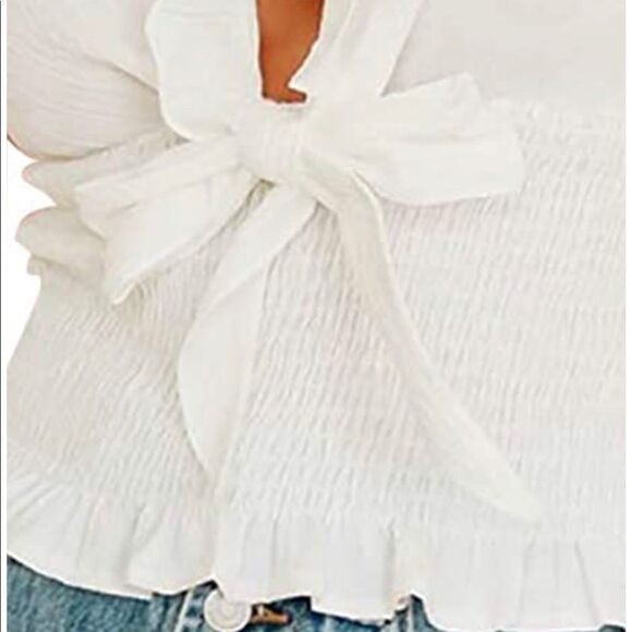 Chiffon ruffle v neck blouse tie, white - Picture 4 of 9
